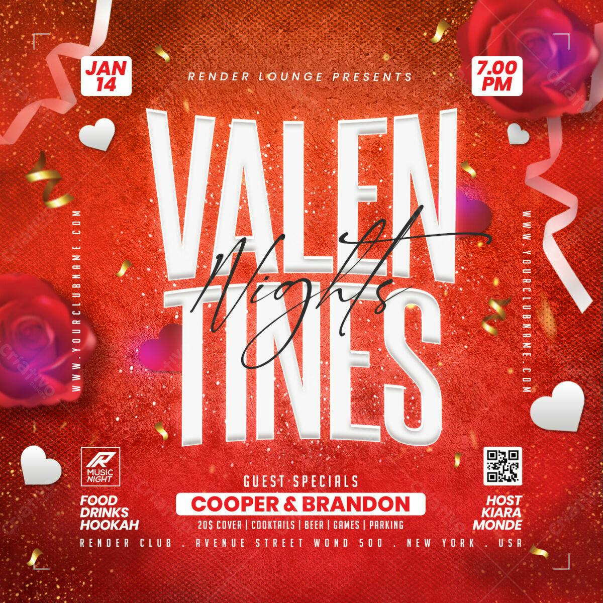 Flyer para Noite de Valentine's Day PSD Editável