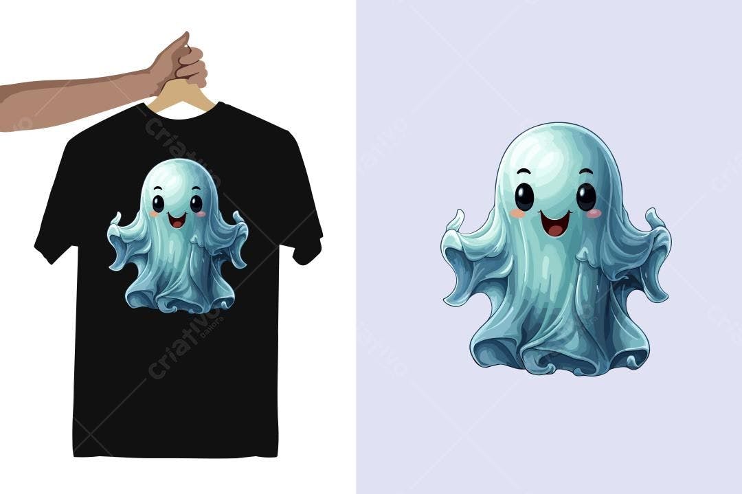 Ilustração Vetorial Fantasma Kawaii Azul para Camisetas
