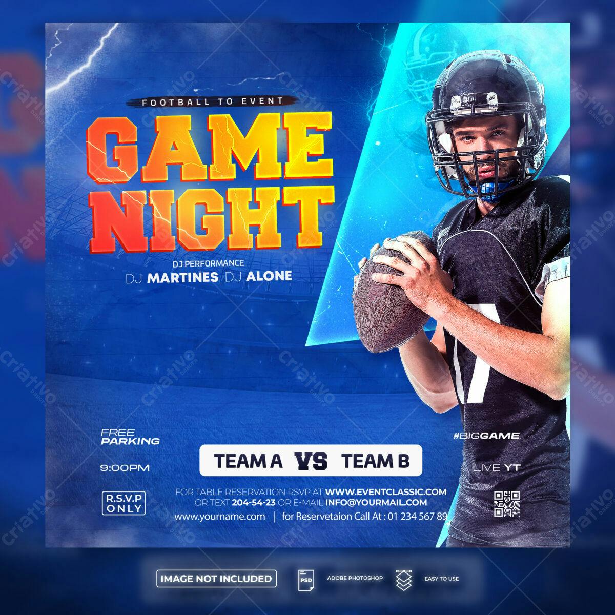 Flyer para Noite de Jogo de Futebol Americano PSD Editável