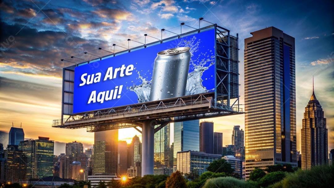 Mockup de Outdoor com Lata de Bebida em Cenário Urbano