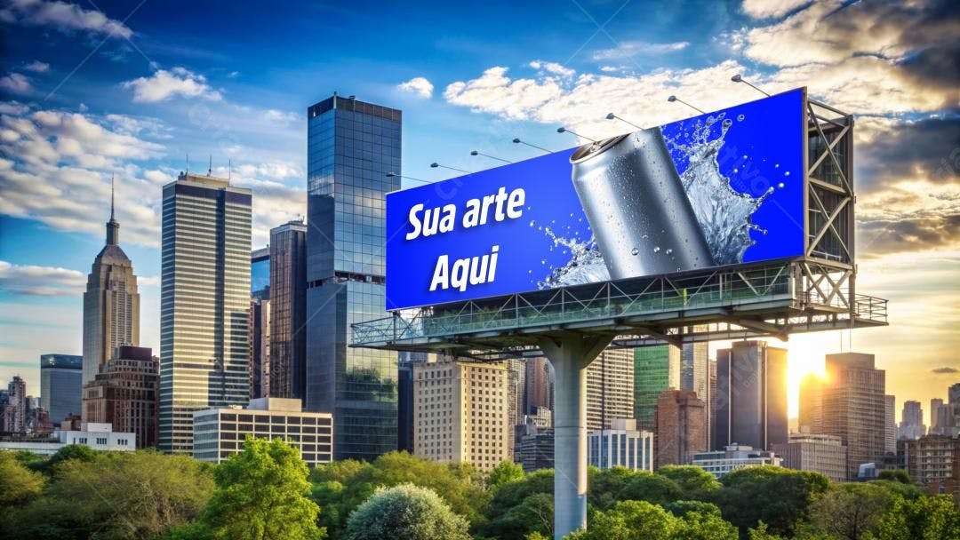 Mockup Outdoor: Billboard com Lata de Bebida em Cenário Urbano