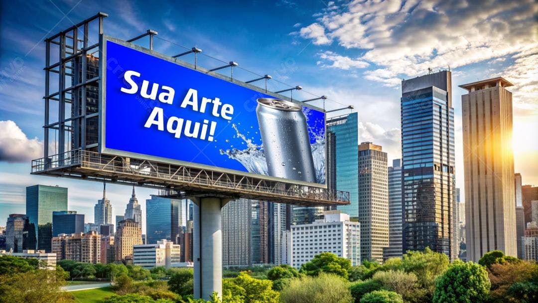 Mockup de Outdoor em Cidade Moderna com Lata de Bebida