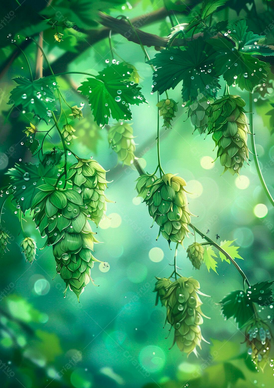 Lupulos verdes com gotas de orvalho
