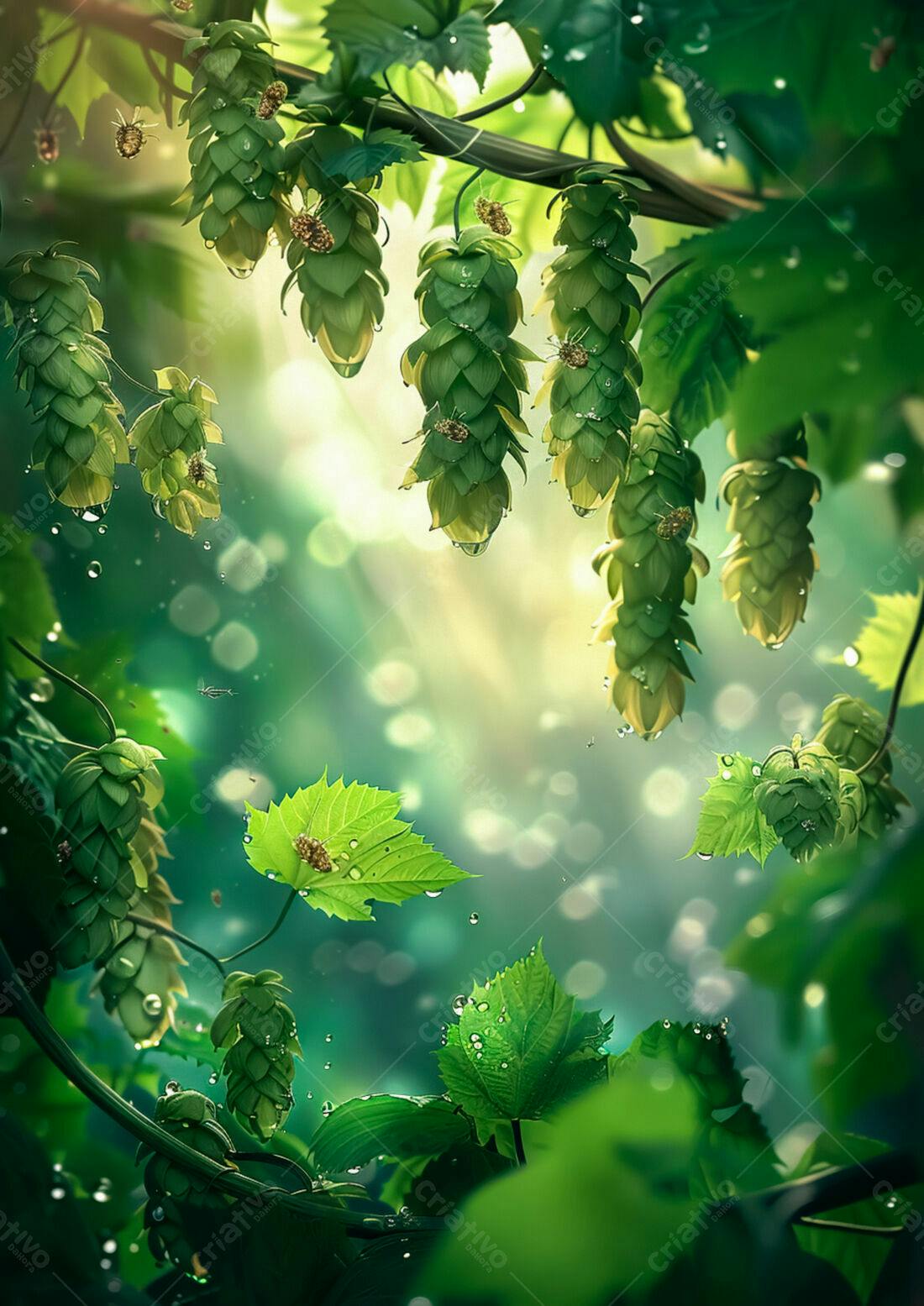 Lupulos verdes com gotas de chuva