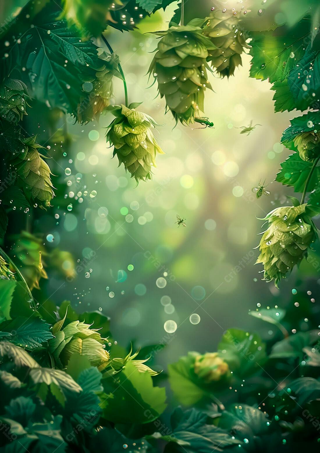 Lupulos verdes com gotas de orvalho