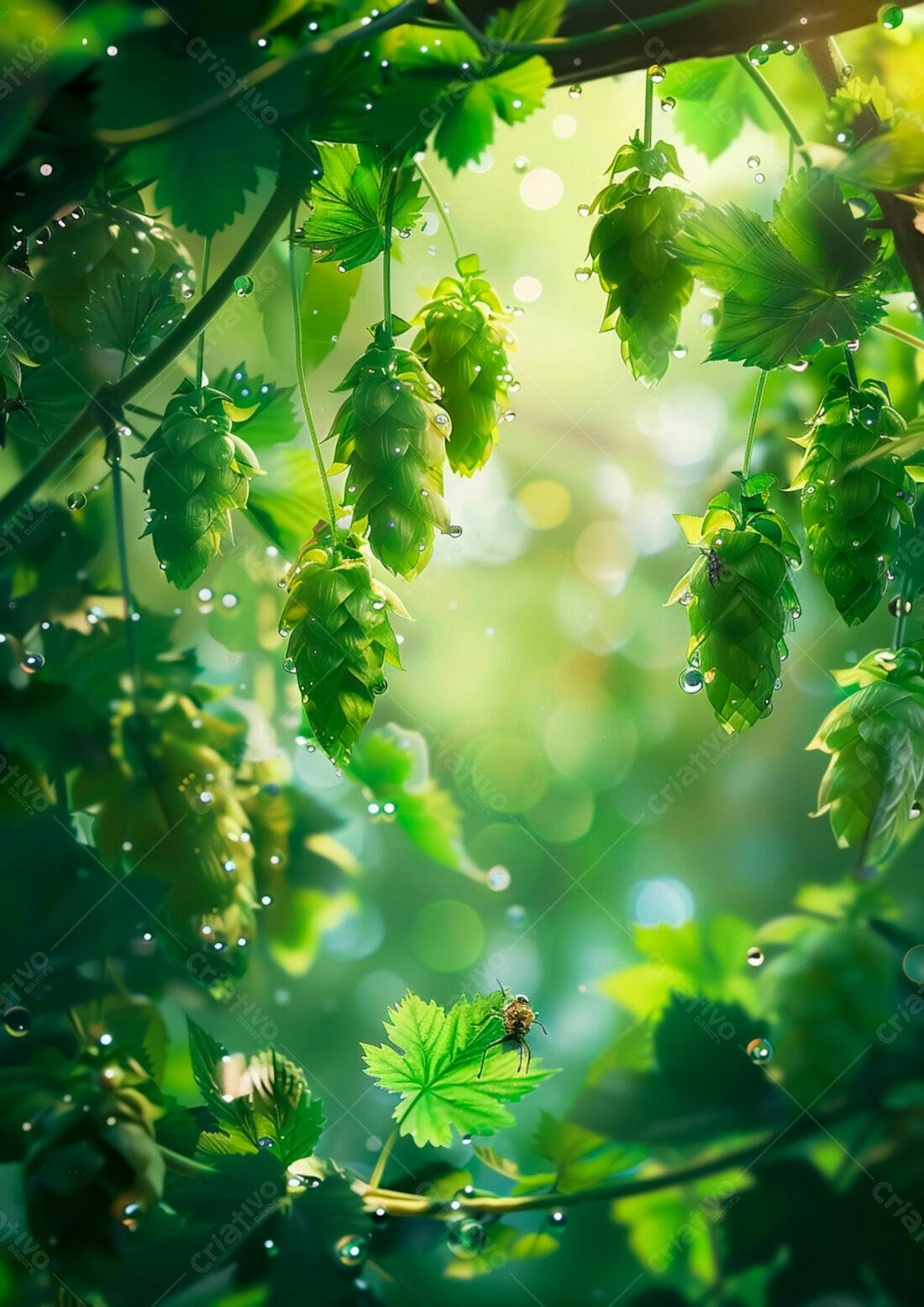 Lupulos verdes com gotas de orvalho