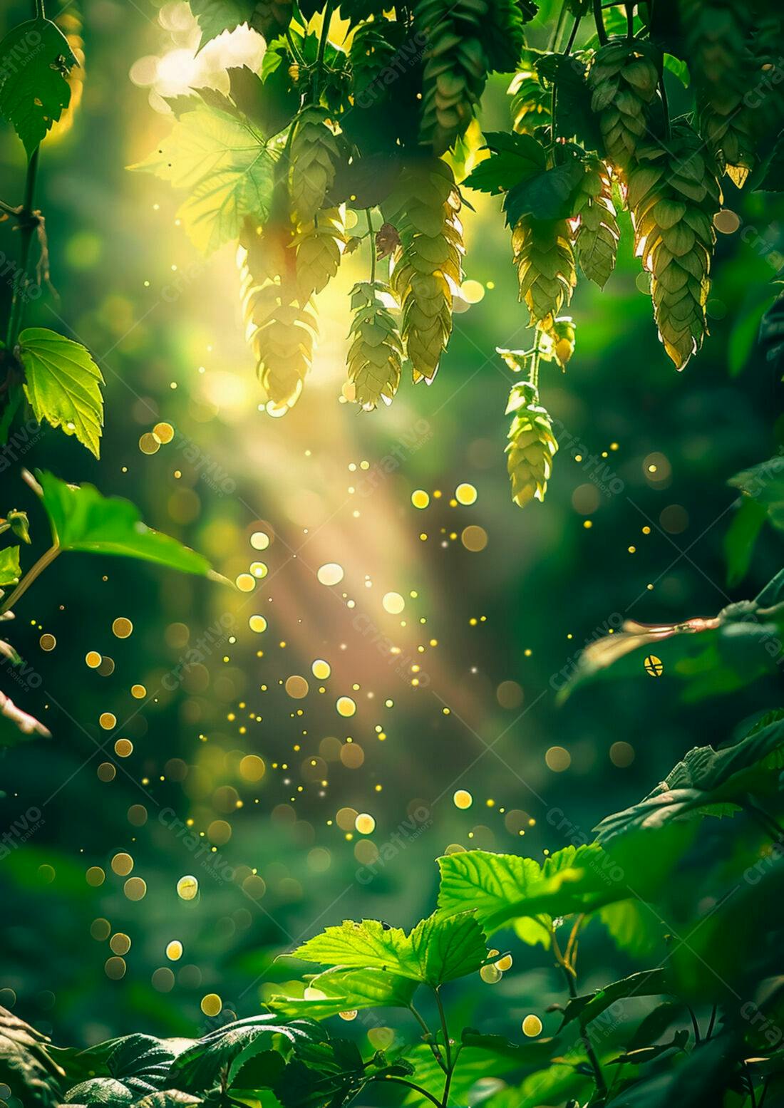 Lupulos e folhas verdes iluminadas pelo sol