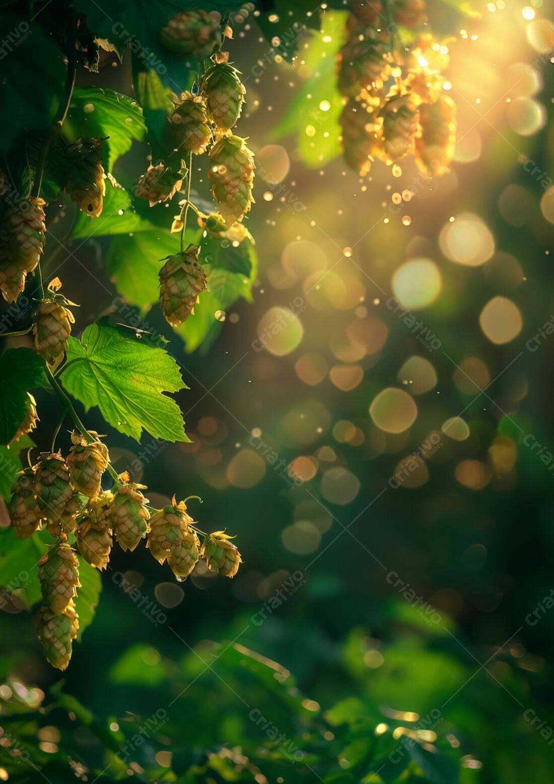 Lupulos verdes em vinha iluminada pelo sol