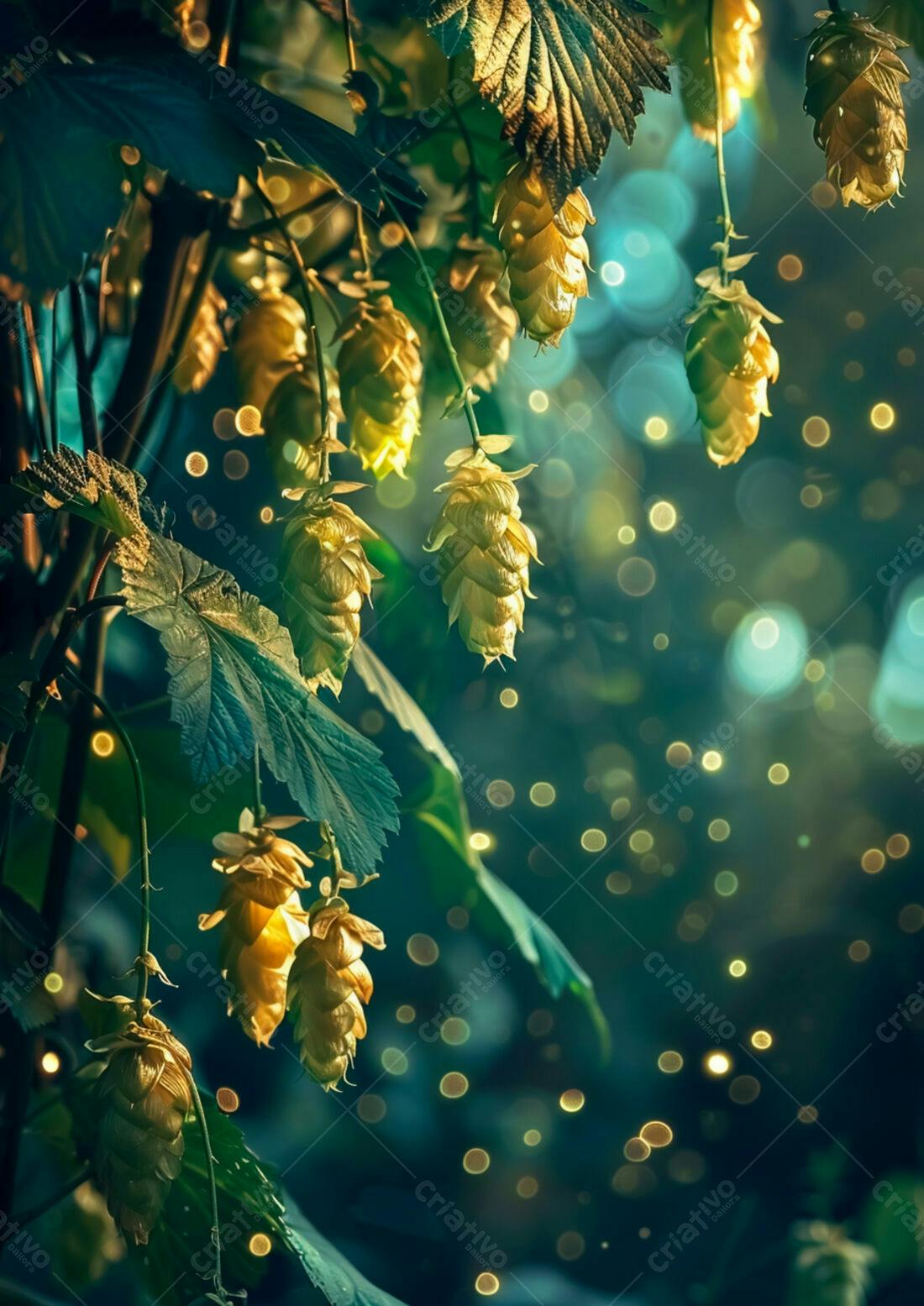 Lupulos dourados em plantação ao entardecer