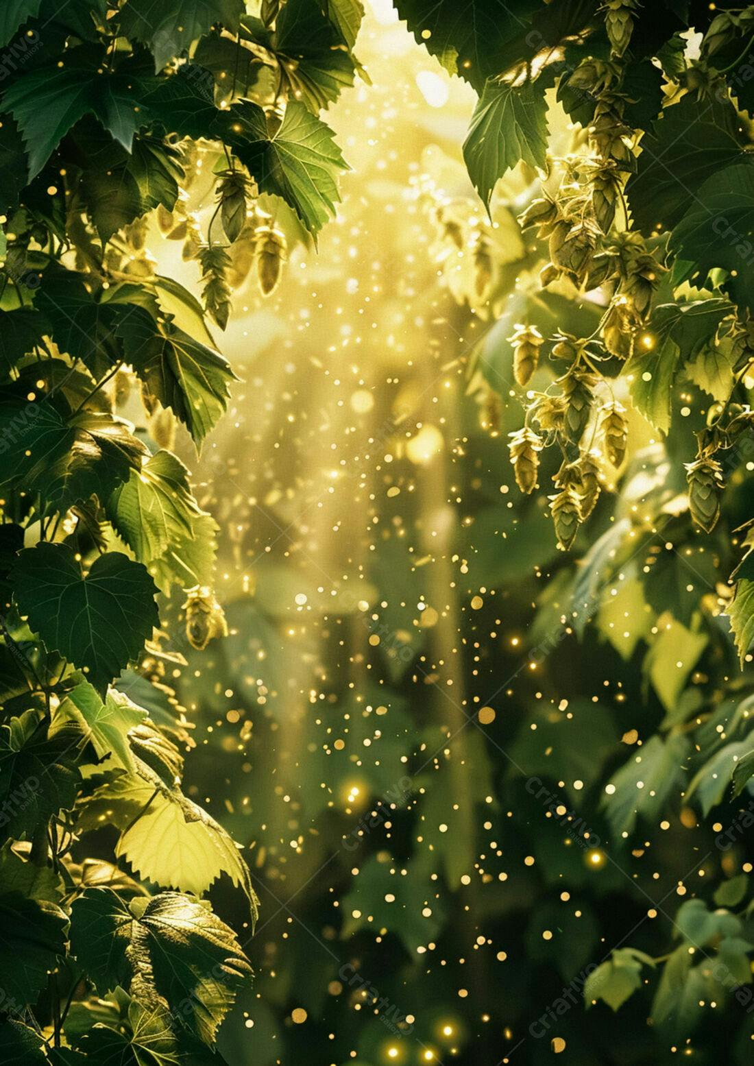 Lupulos e folhas verdes em dia ensolarado