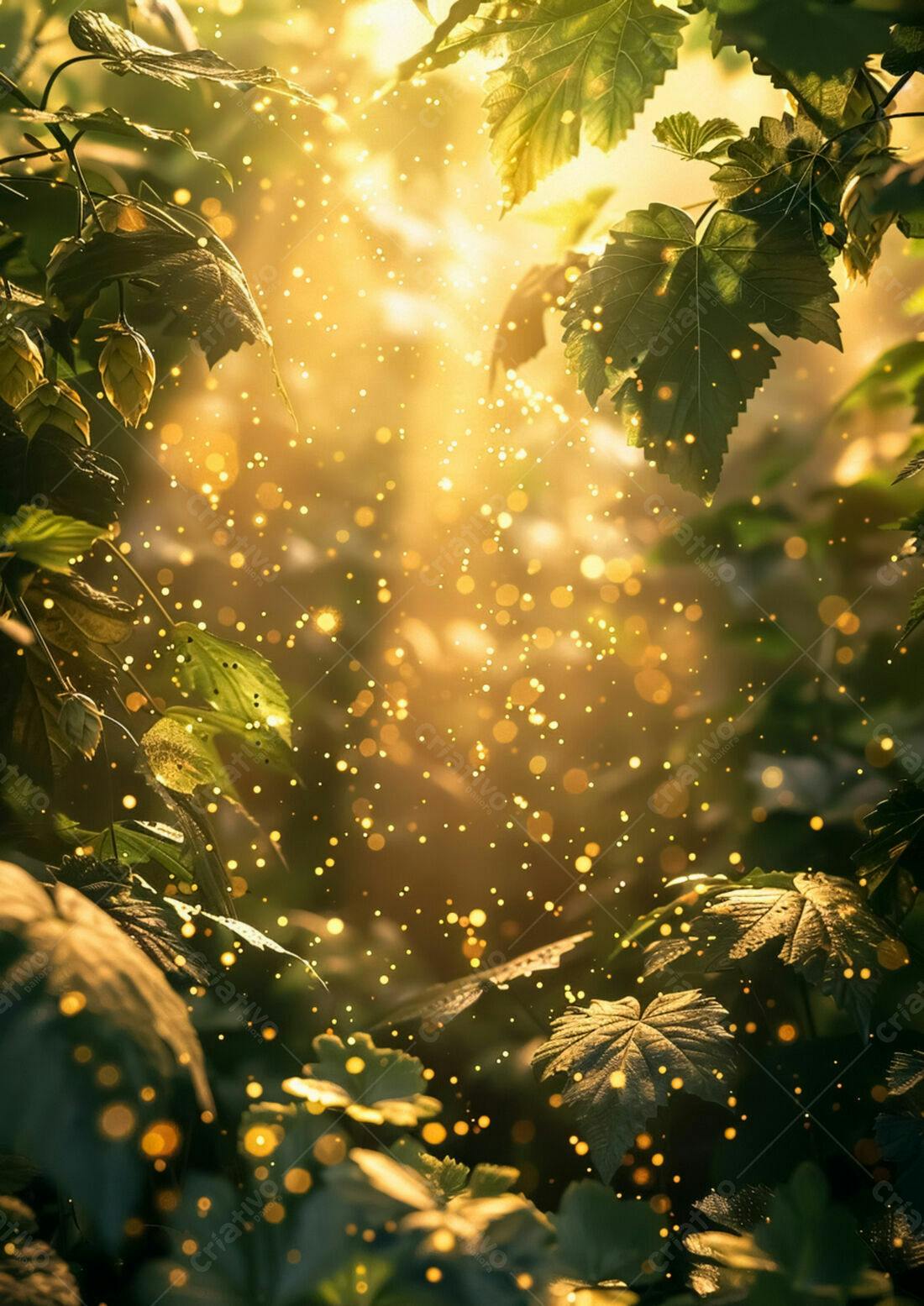 Folhas verdes e dourado ao amanhecer
