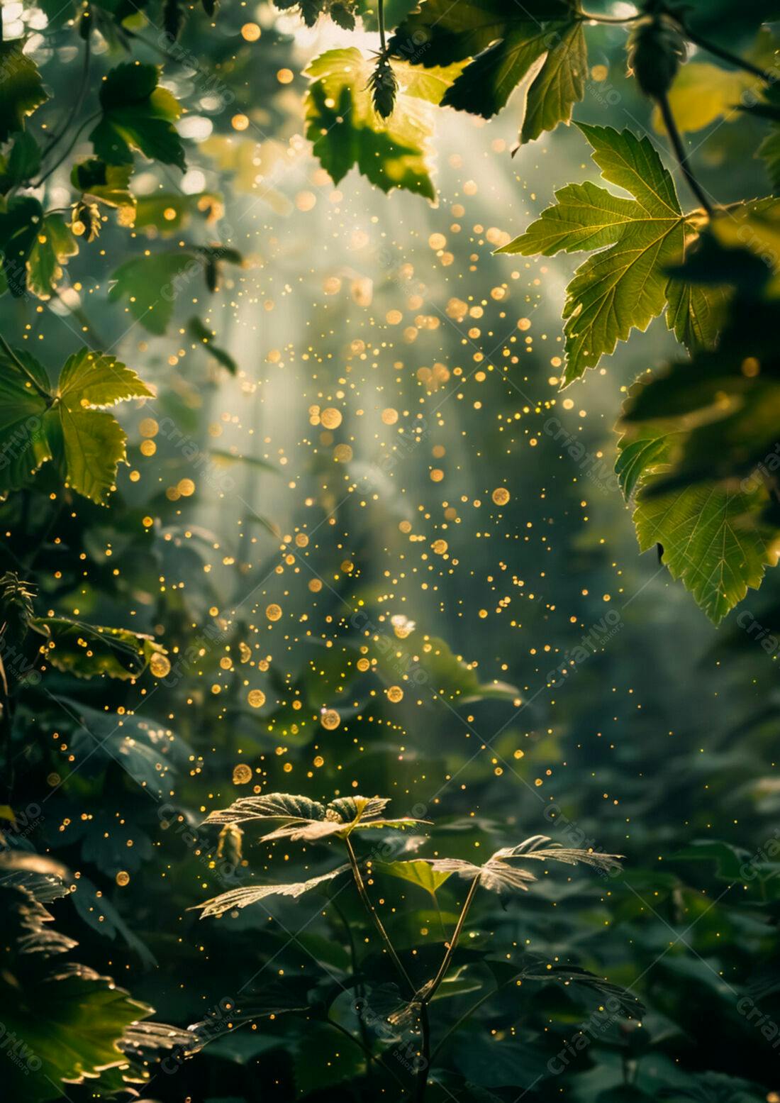 Folhas verdes com luzes douradas na floresta