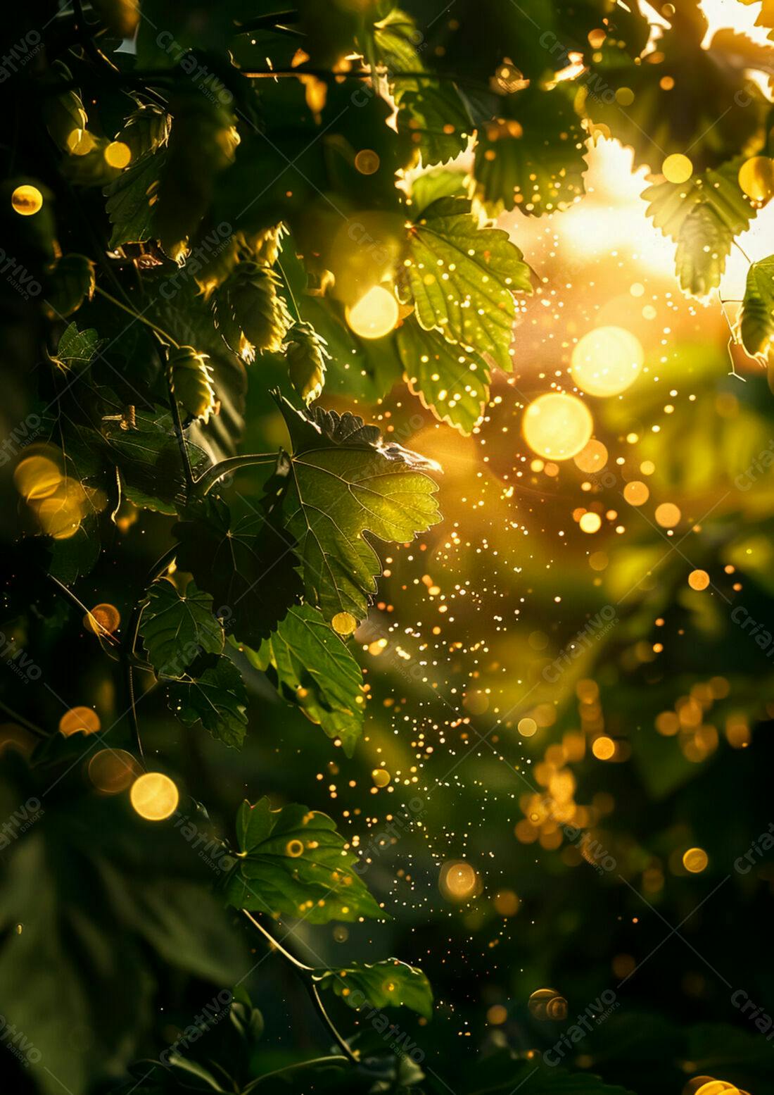 Folhas verdes e luz dourada ao entardecer