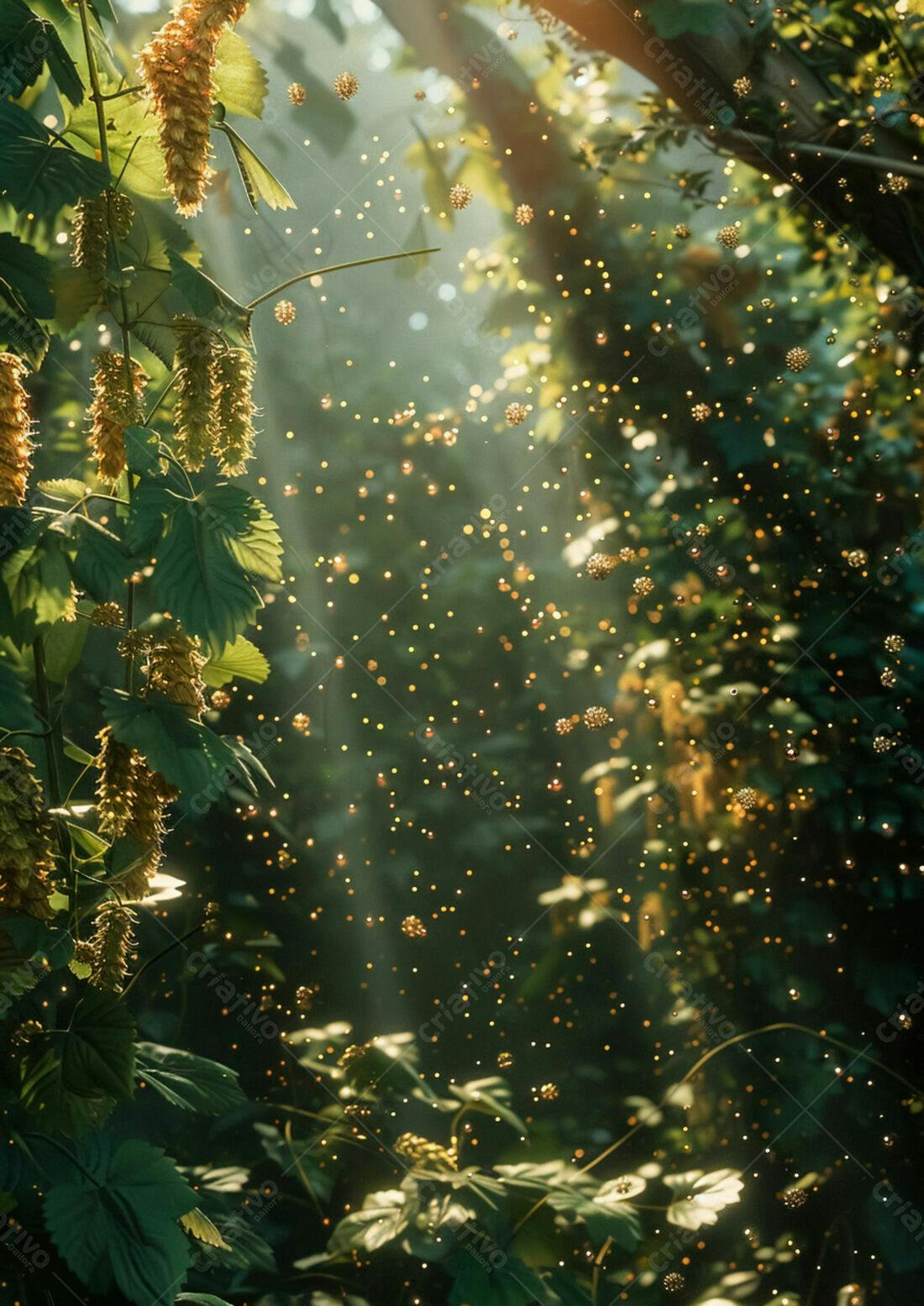 Folhas Verdes com Luz Dourada e Partículas