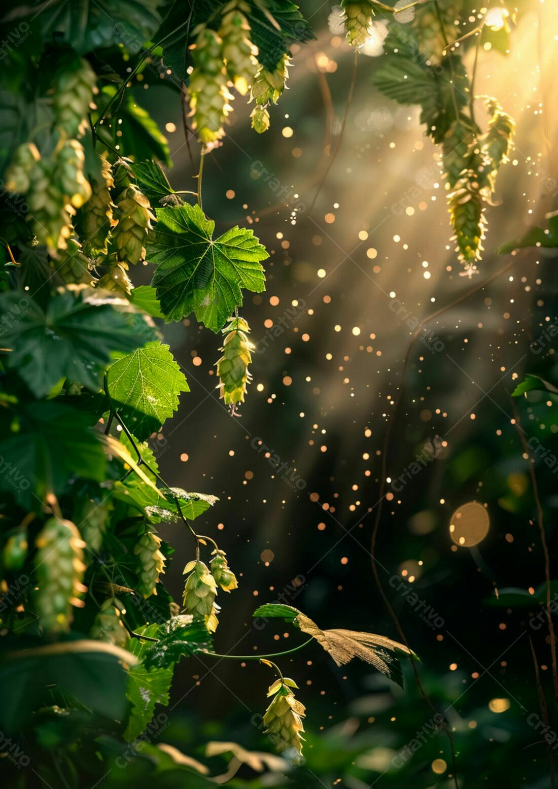 Lupulos verdes iluminados pelo sol