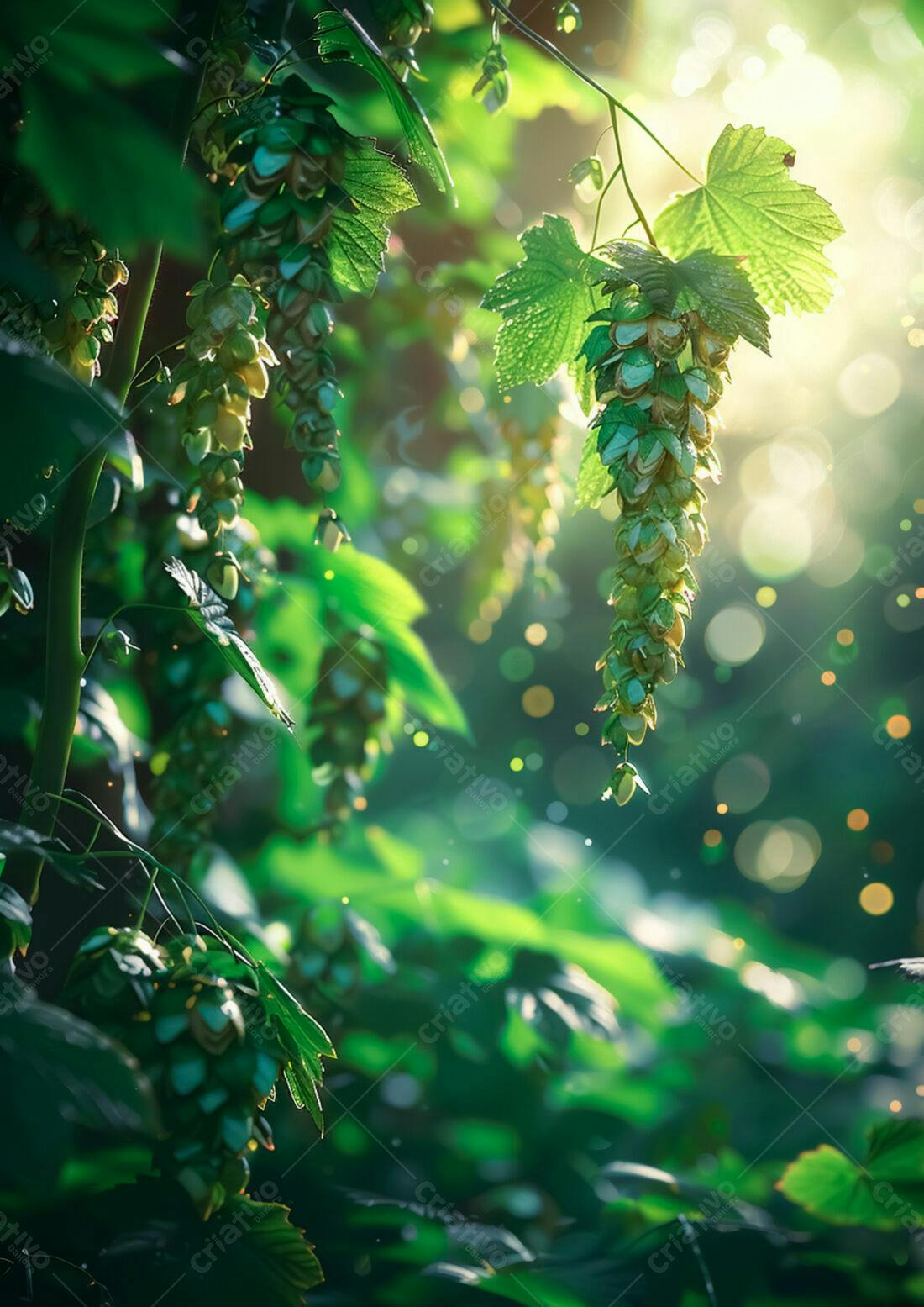 Lupulos verdes iluminados pela manhã