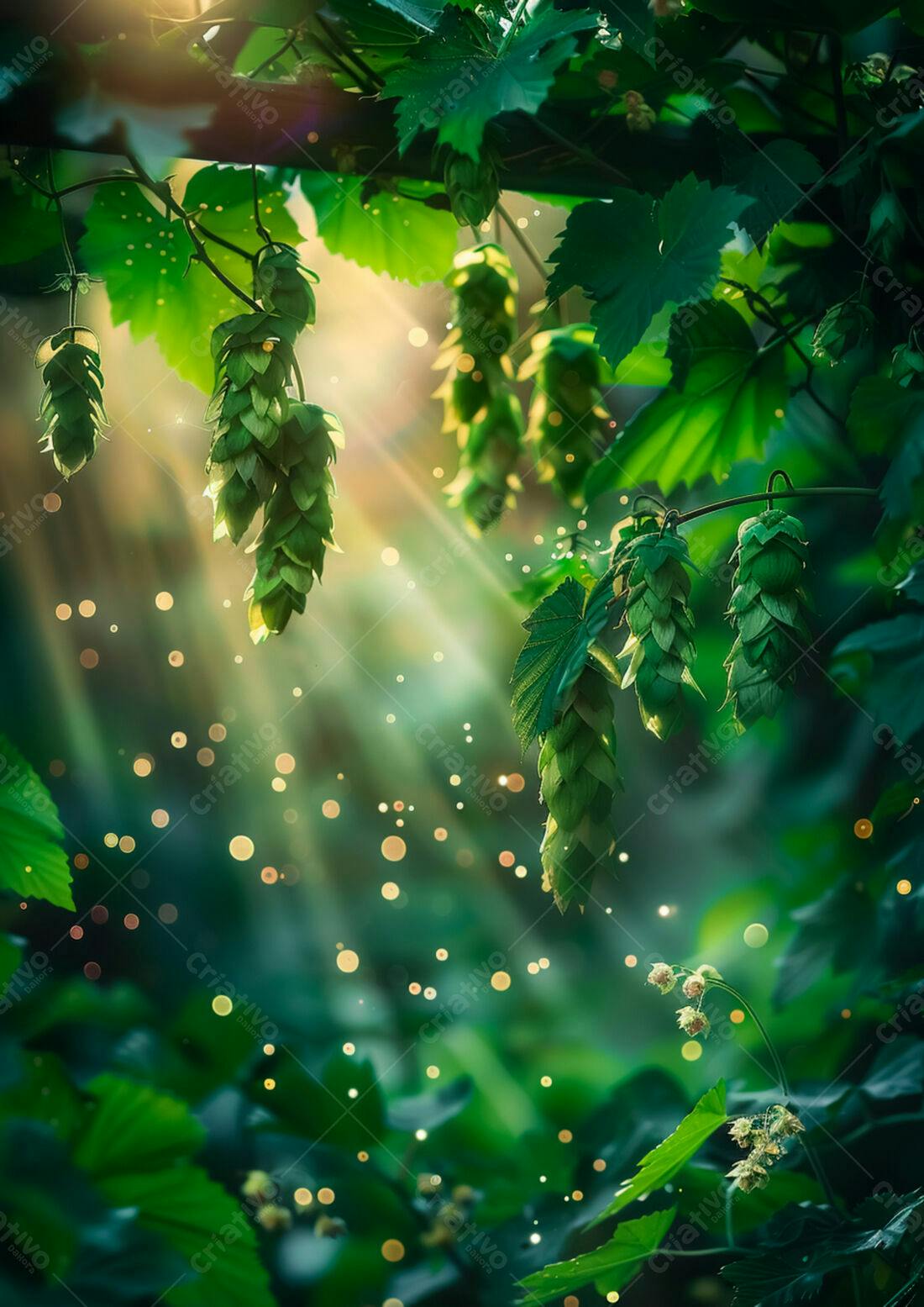 Lupulos verdes iluminados pelo sol