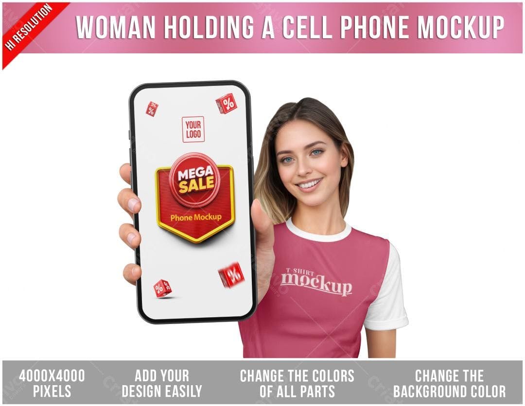 Mockup Celular: Mulher Sorrindo com Promoção Mega Sale