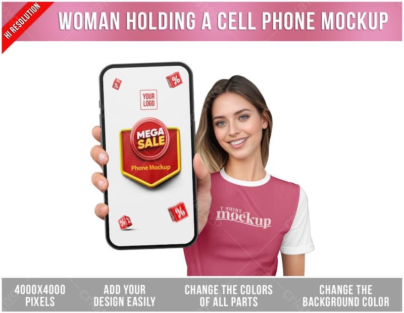 Mulher segurando um celular mockup