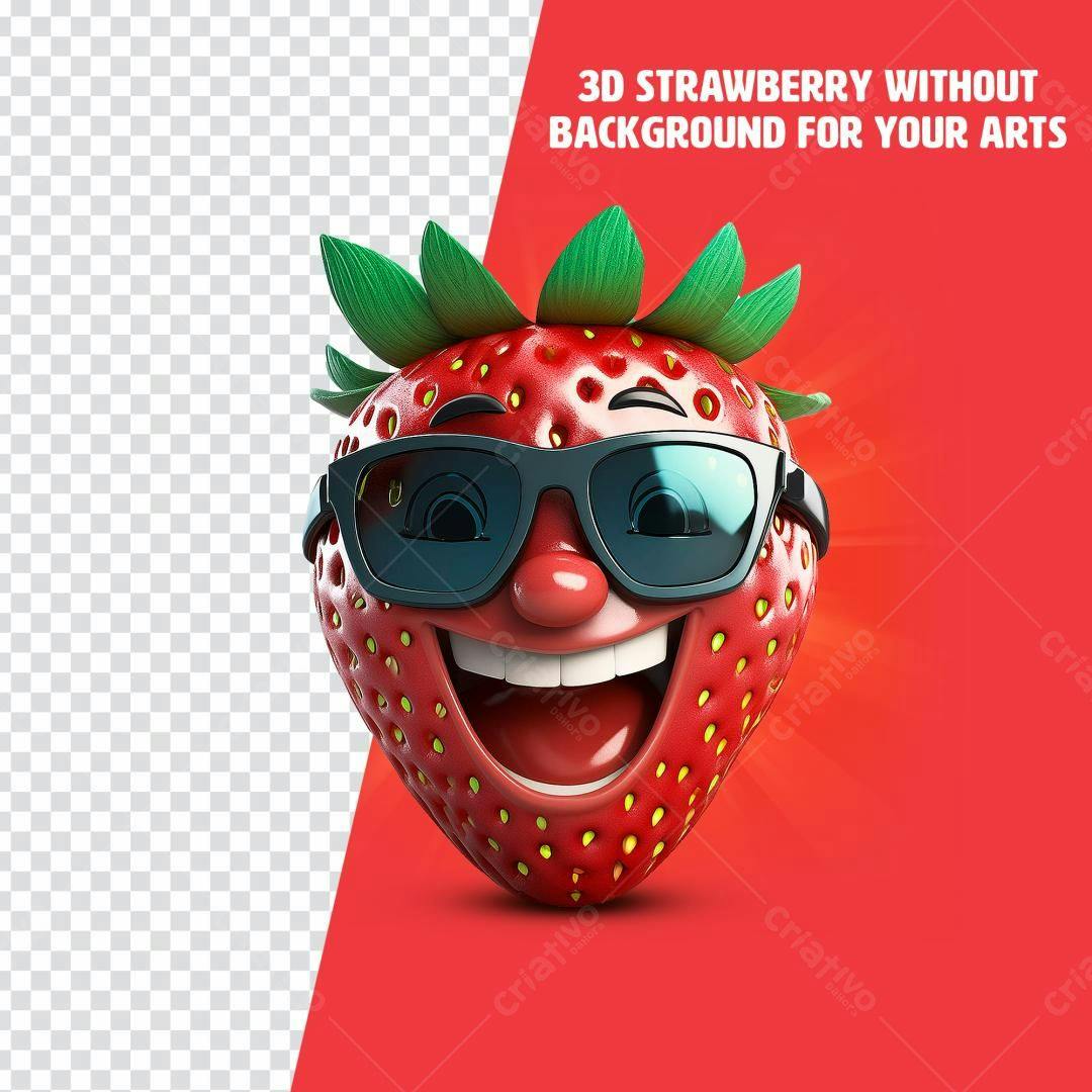 Ilustração Morango 3D com Óculos PSD Editável