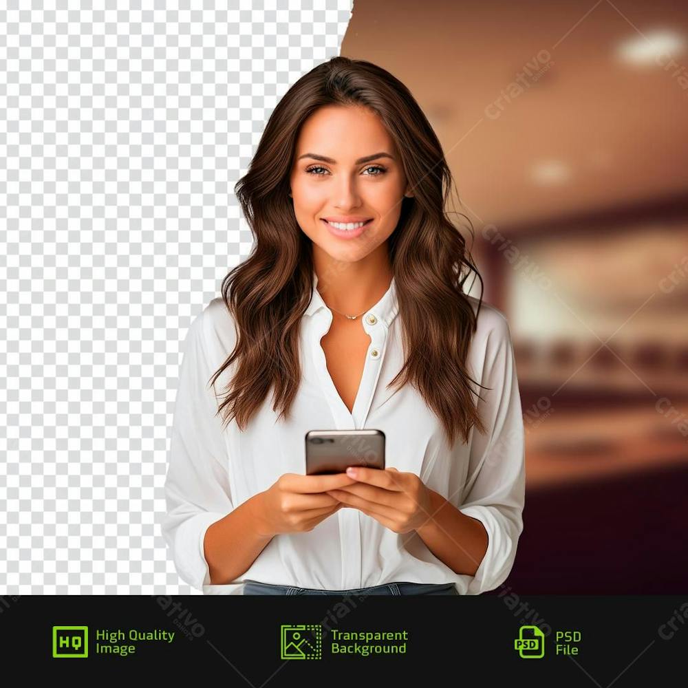 Psd Mulher Bonita Com Celular Na Mão PNG