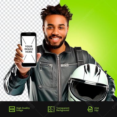 Psd editável motoboy com celular na mão