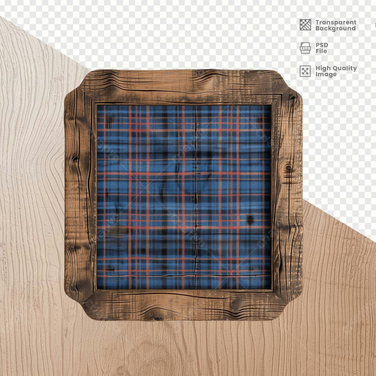 Moldura de Madeira com Padrão Xadrez Azul e Vermelho PSD Editável