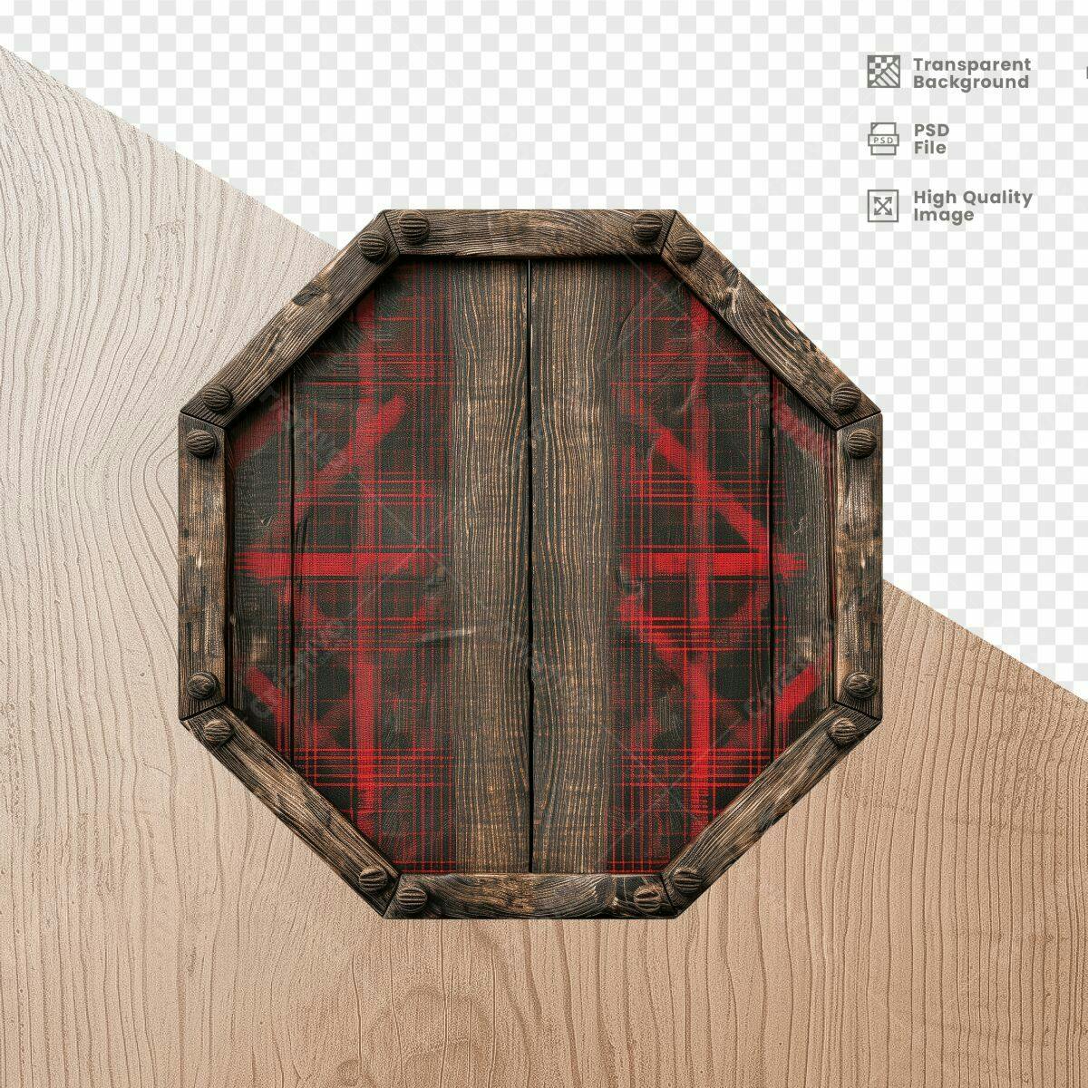 Moldura de Madeira Octagonal com Padrão Vermelho PSD Editável