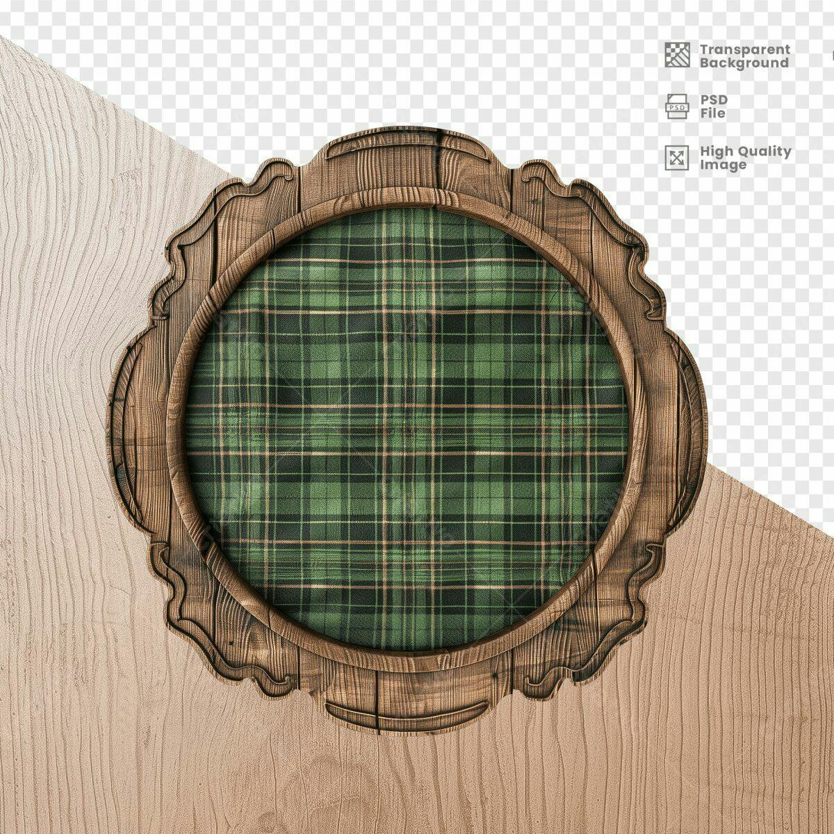 Moldura Circular de Madeira com Padrão Vichy Verde PSD Editável