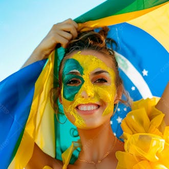 Imagem de uma linda mulher com pintura no rosto e segurando a bandeira do brasil 2