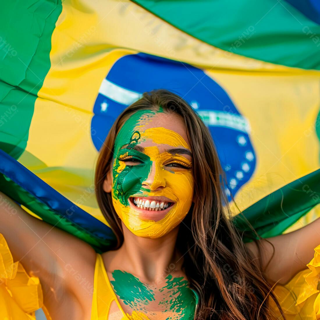 Mulher sorridente com pintura facial verde e amarela