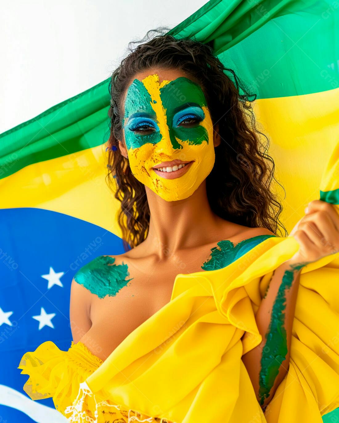 Mulher com pintura facial verde e amarela segurando bandeira brasileira