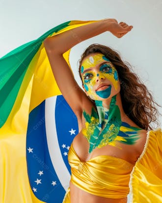 Imagem de uma linda mulher com pintura no rosto e segurando a bandeira do brasil 6