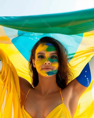 Imagem de uma linda mulher com pintura no rosto e segurando a bandeira do brasil 8