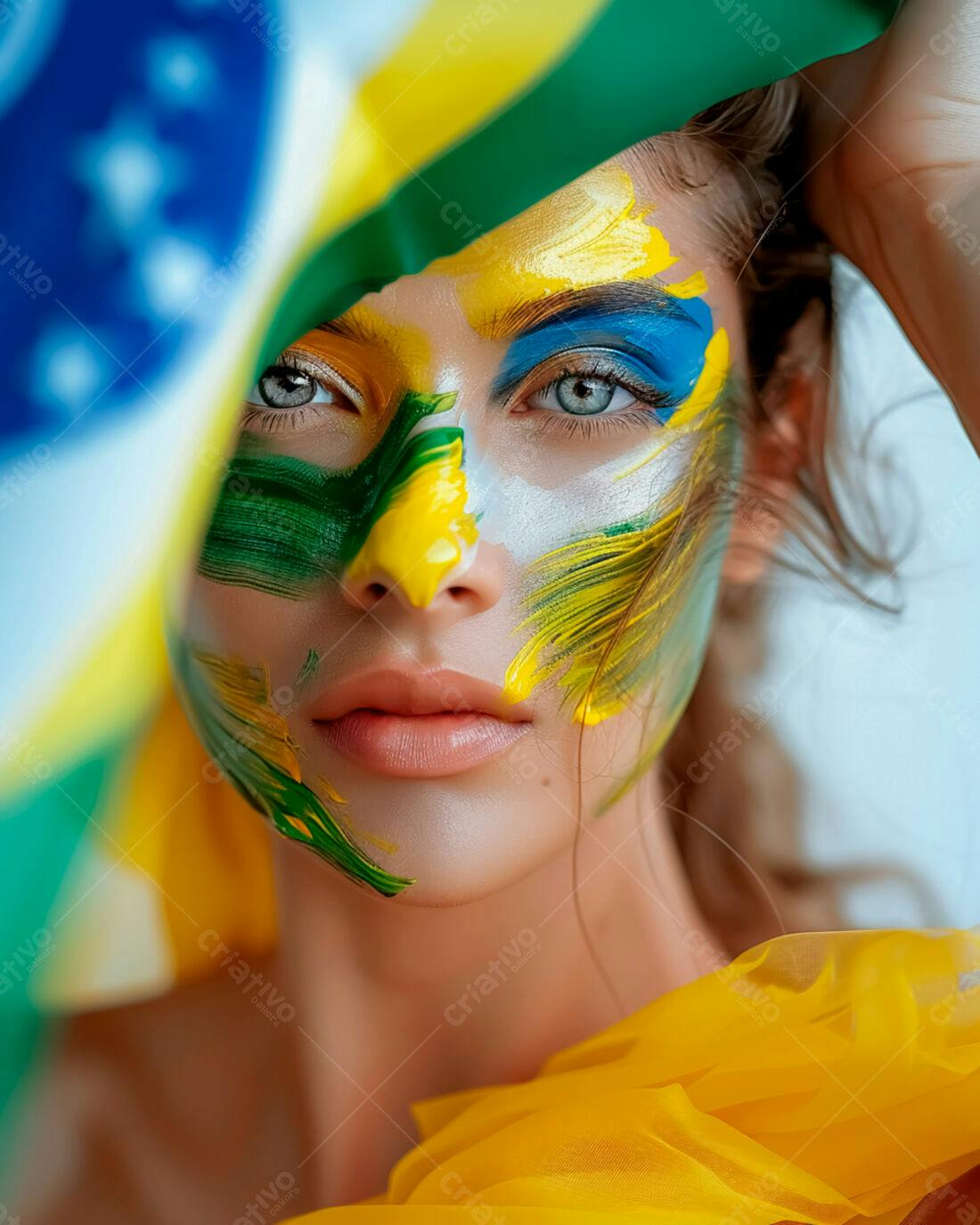 Modelo com pintura facial verde amarela e azul