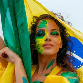 Imagem de uma linda mulher com pintura no rosto e segurando a bandeira do brasil 9