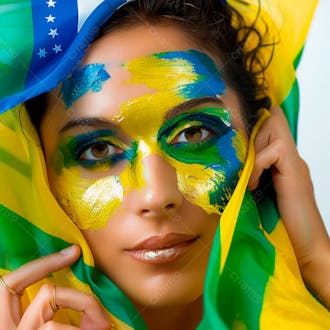 Imagem de uma linda mulher com pintura no rosto e segurando a bandeira do brasil 10
