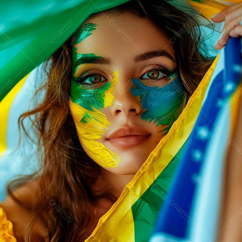 Imagem De Uma Linda Mulher Com Pintura No Rosto E Segurando A Bandeira Do Brasil 11