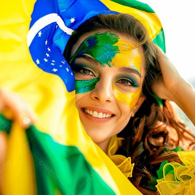 Imagem de uma linda mulher com pintura no rosto e segurando a bandeira do brasil 12