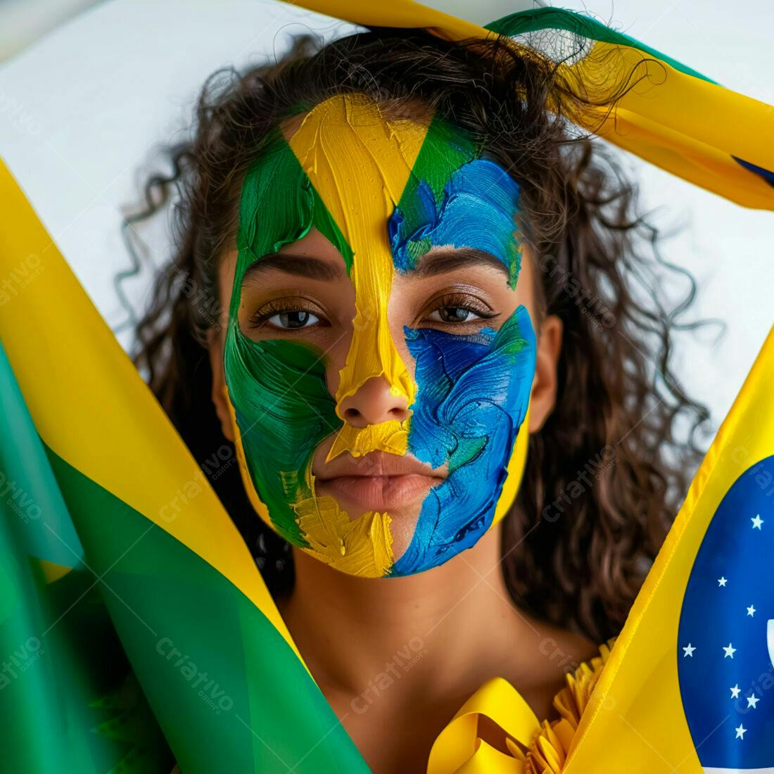 Mulher com pintura facial nas cores da bandeira brasileira