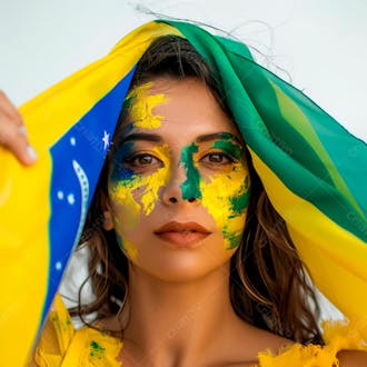 Imagem de uma linda mulher com pintura no rosto e segurando a bandeira do brasil 14