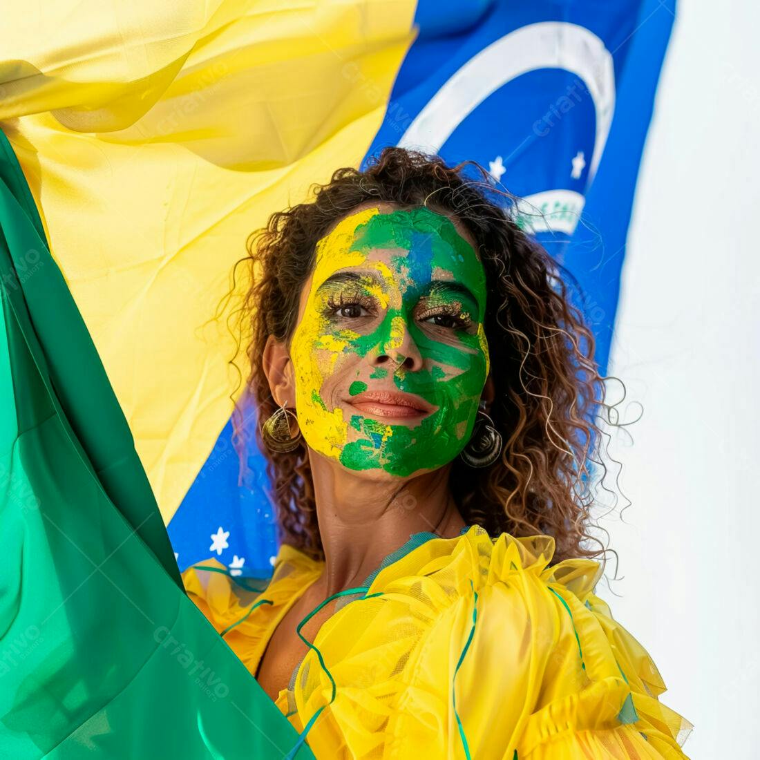 Mulher com pintura facial verde e amarela segurando bandeira brasileira