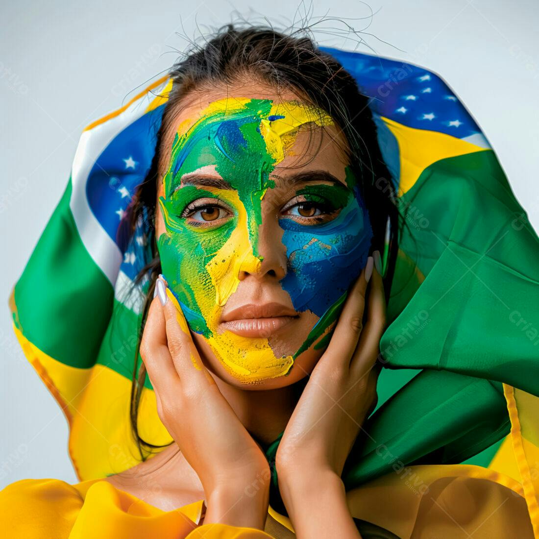 Mulher com pintura facial nas cores da bandeira brasileira