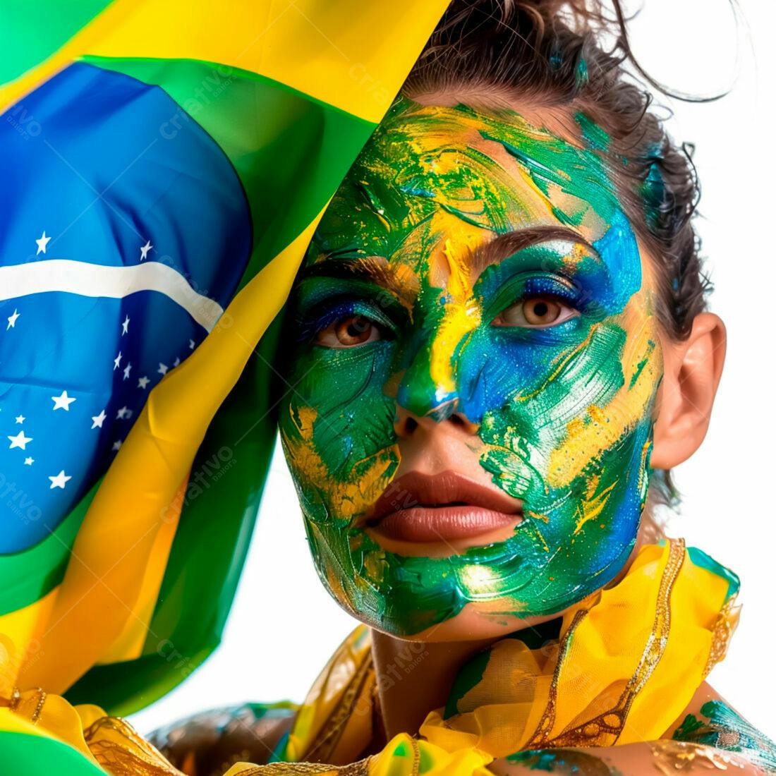 Mulher com pintura facial nas cores da bandeira brasileira