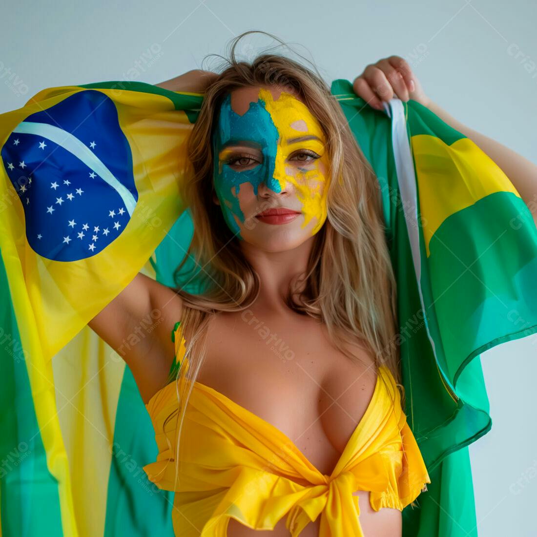 Torcedora brasileira com pintura facial e bandeira