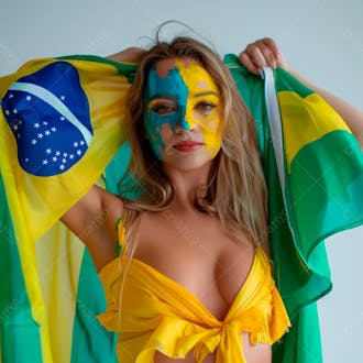 Imagem de uma linda mulher com pintura no rosto e segurando a bandeira do brasil 18