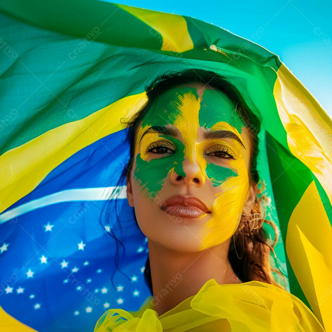 Mulher com pintura facial verde e amarela sob bandeira brasileira