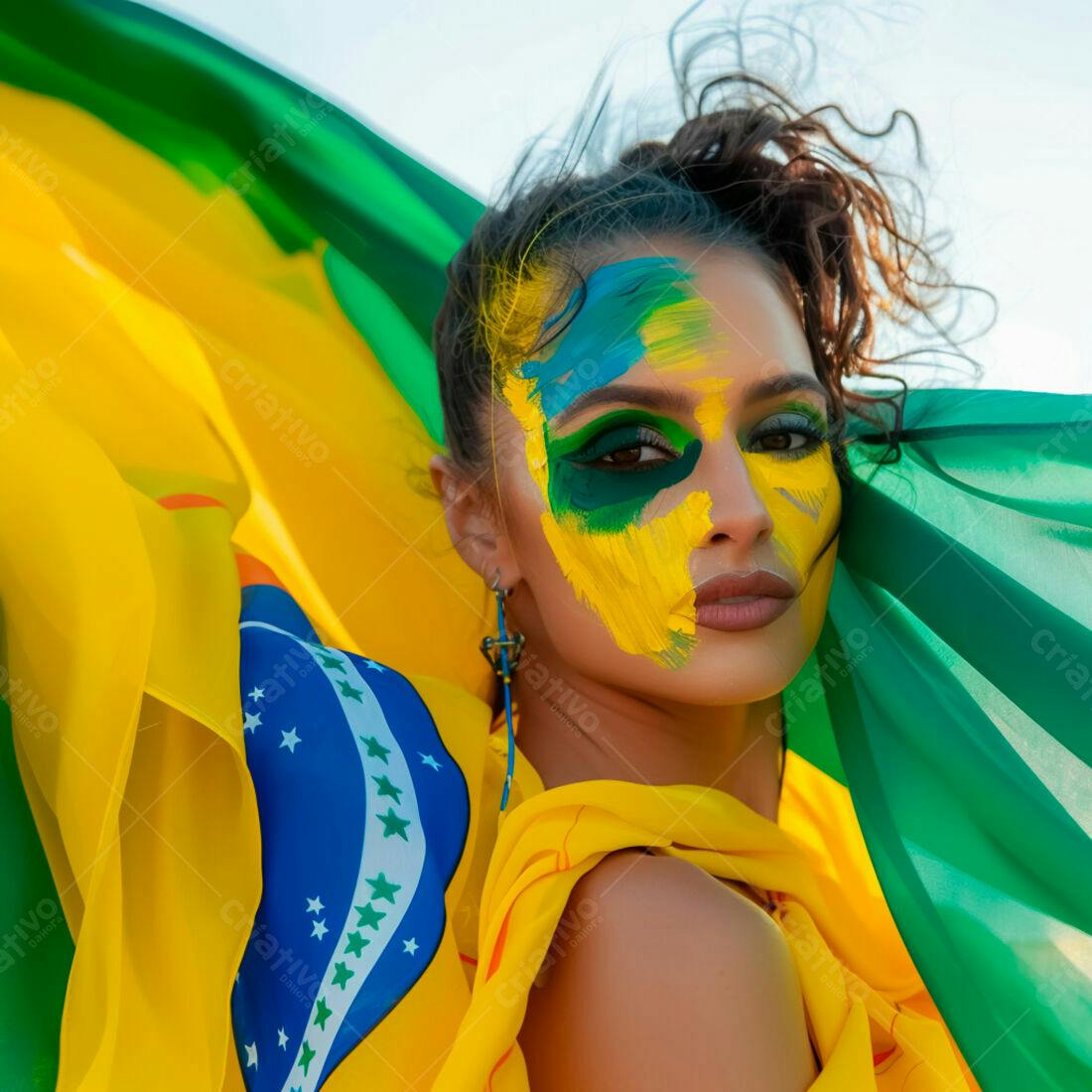 Modelo com pintura facial verde e amarela com bandeira brasileira