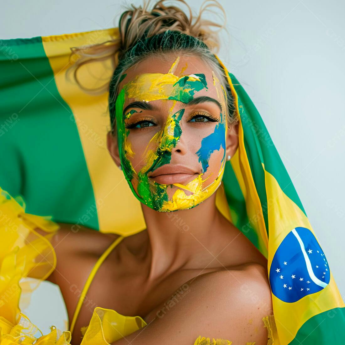 Modelo com pintura facial verde amarela e azul