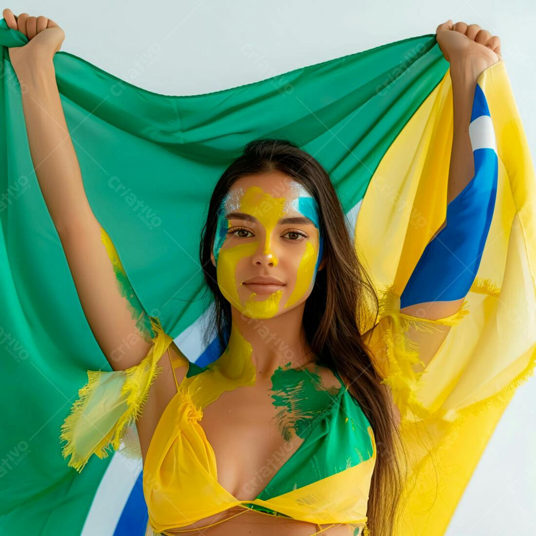 Mulher com pintura facial brasileira segurando bandeira